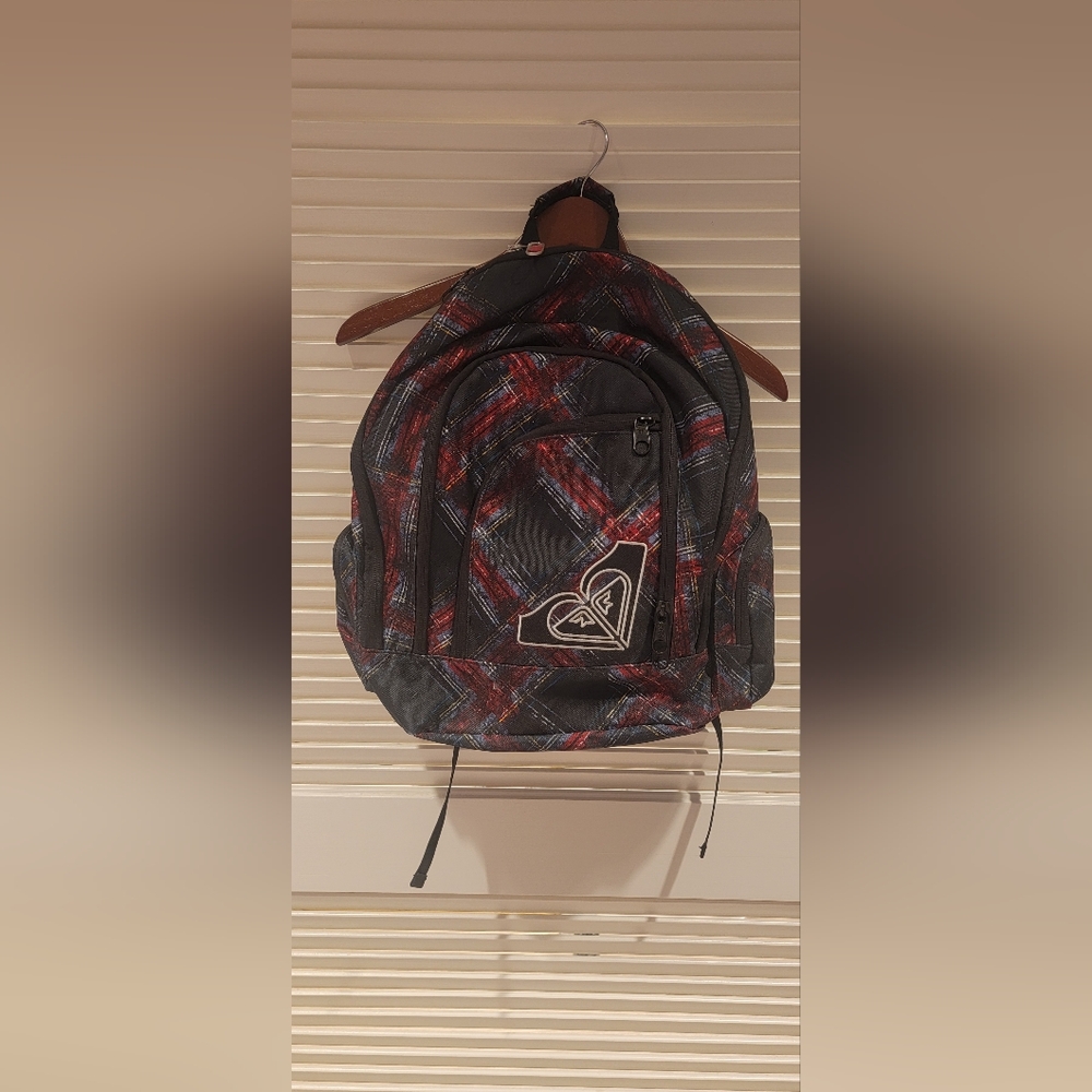 Roxy Black Backpack with red white and blue plaid design